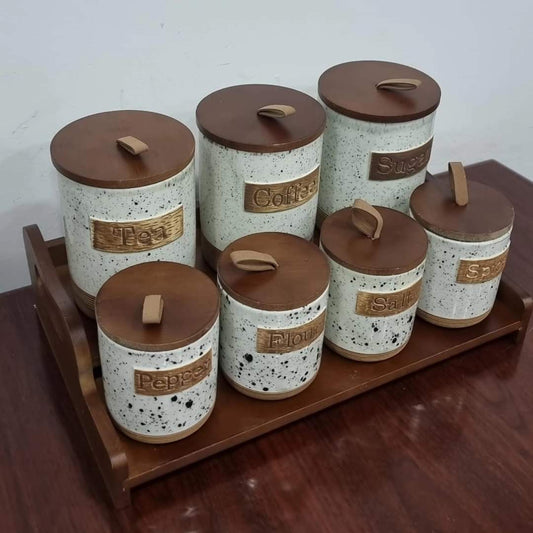 Rynx | 7 piece country house canister set on bamboo stand