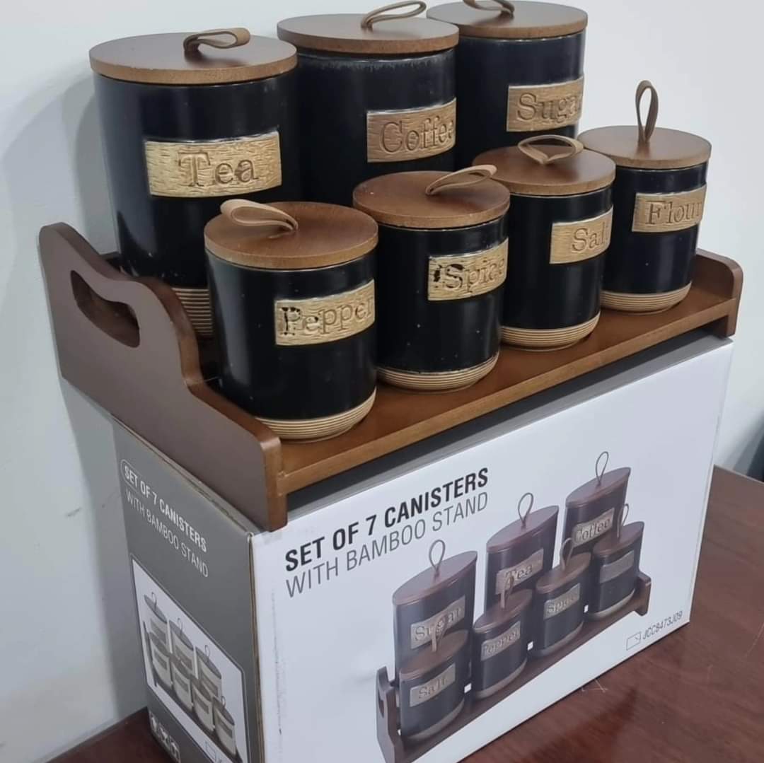 Rynx | 7 piece country house canister set on bamboo stand