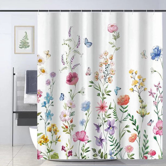 Rynx | Colorful Waterprint Flower Garden Shower Curtain with Hooks, Bloom Floral Bathroom Curtains with Ring, Unique Bathroom Decor, Boho Shower Curtain, Customized Bathroom Curtains, Extra Long Shower Curtain