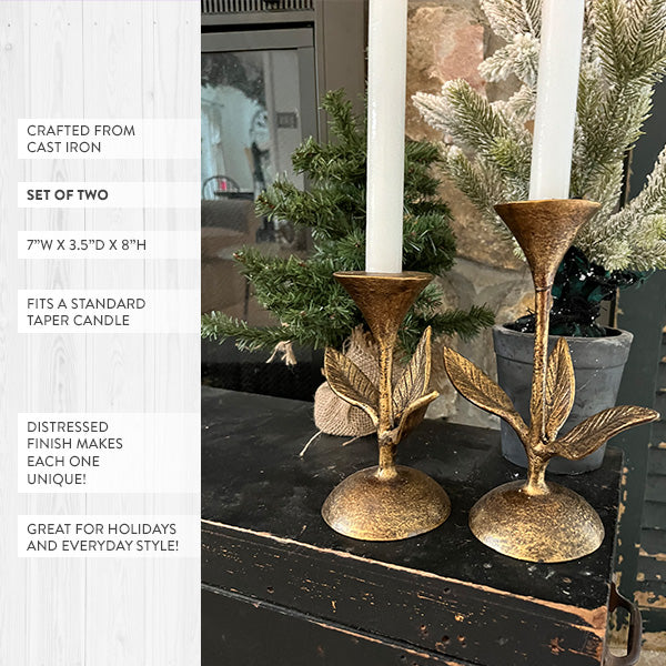 Rynx | Blooming Florals Antique Gold Candle Holder, Set of 2