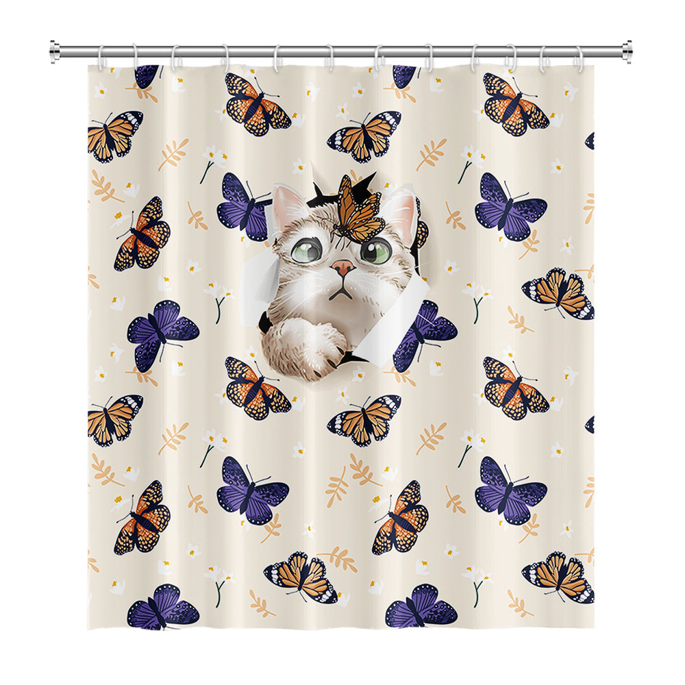 Rynx | Cute cat and butterfly shower curtain with hooks, bathroom curtains with rings, unique bathroom decoration, boho shower curtain, customizable bathroom curtains, extra long shower curtain