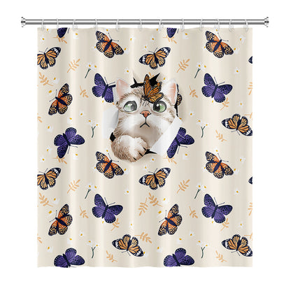 Rynx | Cute cat and butterfly shower curtain with hooks, bathroom curtains with rings, unique bathroom decoration, boho shower curtain, customizable bathroom curtains, extra long shower curtain