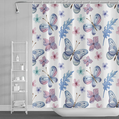 Rynx | Sweet Blue Pink Butterfly and Flower Shower Curtain with Hooks, Bathroom Curtains with Rings, Unique Bathroom Decoration, Boho Shower Curtain, Customizable Bathroom Curtains, Extra Long Shower Curtain