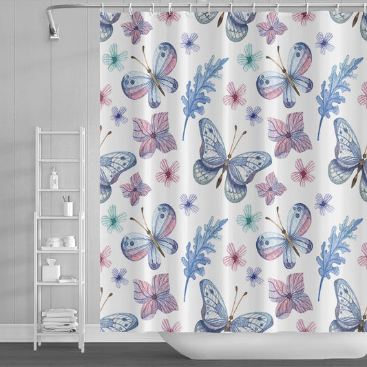 Rynx | Sweet Blue Pink Butterfly and Flower Shower Curtain with Hooks, Bathroom Curtains with Rings, Unique Bathroom Decoration, Boho Shower Curtain, Customizable Bathroom Curtains, Extra Long Shower Curtain