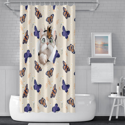 Rynx | Cute cat and butterfly shower curtain with hooks, bathroom curtains with rings, unique bathroom decoration, boho shower curtain, customizable bathroom curtains, extra long shower curtain