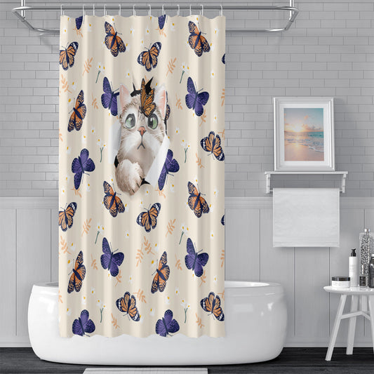 Rynx | Cute cat and butterfly shower curtain with hooks, bathroom curtains with rings, unique bathroom decoration, boho shower curtain, customizable bathroom curtains, extra long shower curtain