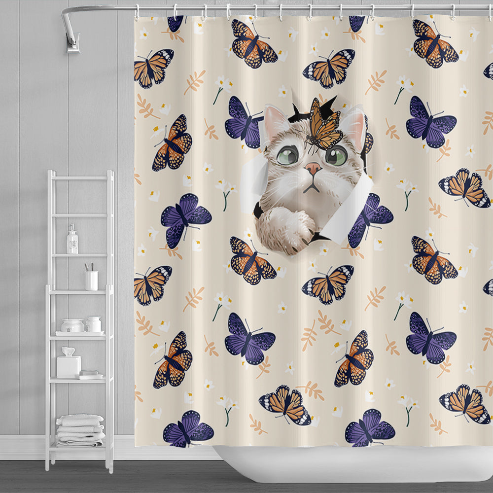 Rynx | Cute cat and butterfly shower curtain with hooks, bathroom curtains with rings, unique bathroom decoration, boho shower curtain, customizable bathroom curtains, extra long shower curtain