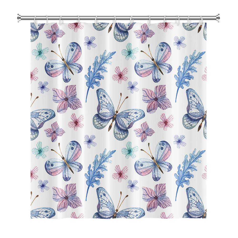 Rynx | Sweet Blue Pink Butterfly and Flower Shower Curtain with Hooks, Bathroom Curtains with Rings, Unique Bathroom Decoration, Boho Shower Curtain, Customizable Bathroom Curtains, Extra Long Shower Curtain