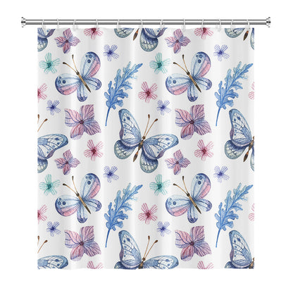 Rynx | Sweet Blue Pink Butterfly and Flower Shower Curtain with Hooks, Bathroom Curtains with Rings, Unique Bathroom Decoration, Boho Shower Curtain, Customizable Bathroom Curtains, Extra Long Shower Curtain
