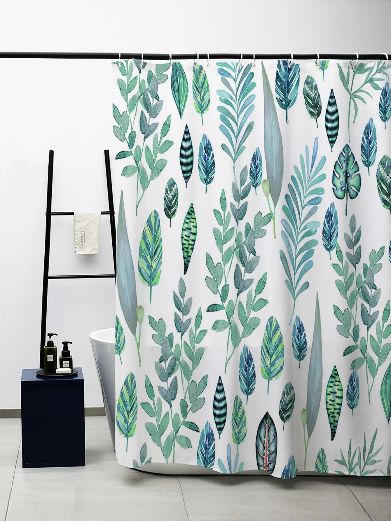 Rynx | Green and Blue Leaves Shower Curtain with Hooks, Animal Bathroom Curtains with Ring, Unique Bathroom Decoration, Boho Shower Curtain, Customized Bathroom Curtains, Extra Long Shower Curtain