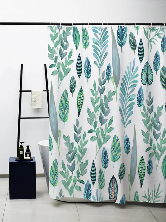 Rynx | Green and Blue Leaves Shower Curtain with Hooks, Animal Bathroom Curtains with Ring, Unique Bathroom Decoration, Boho Shower Curtain, Customized Bathroom Curtains, Extra Long Shower Curtain