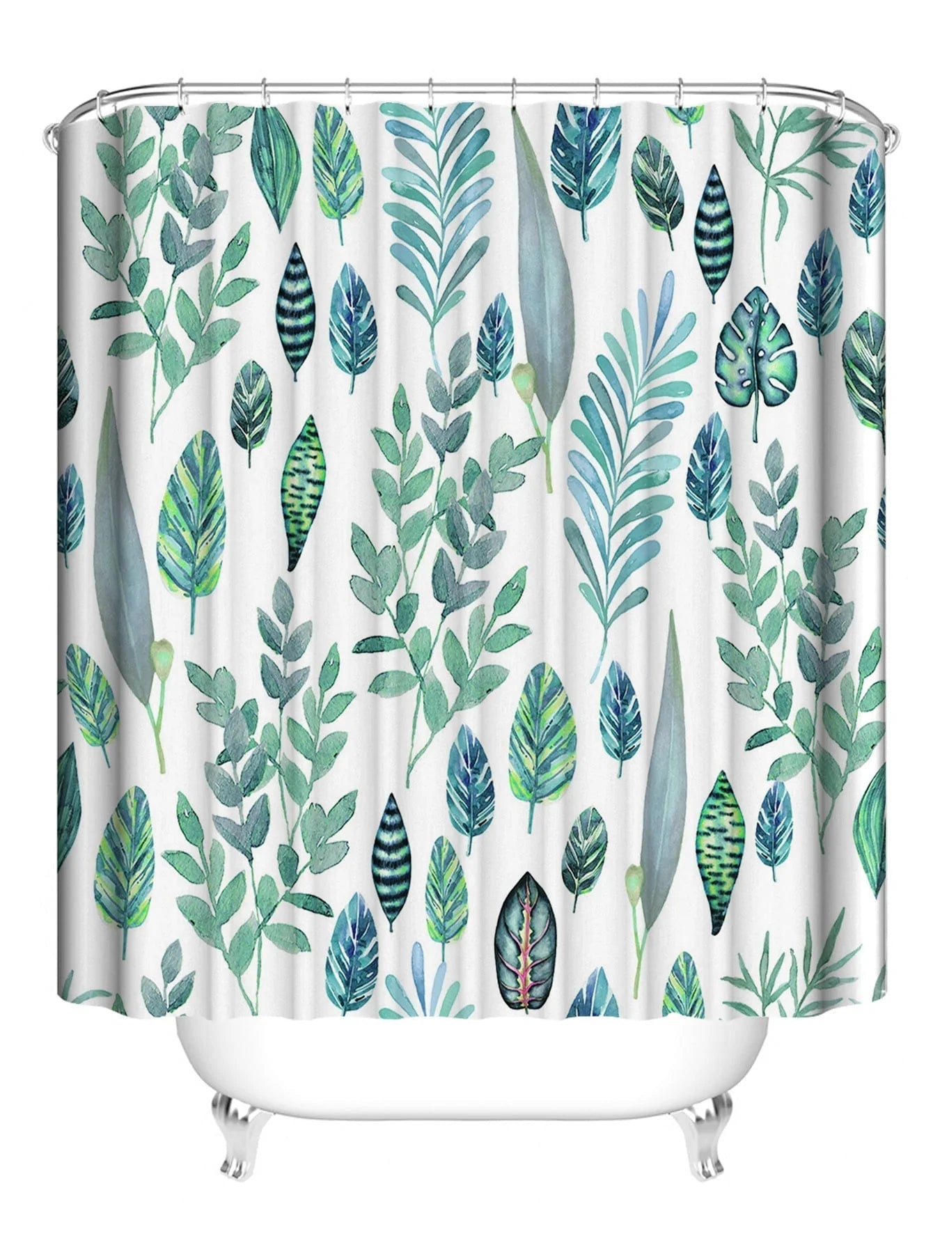 Rynx | Green and Blue Leaves Shower Curtain with Hooks, Animal Bathroom Curtains with Ring, Unique Bathroom Decoration, Boho Shower Curtain, Customized Bathroom Curtains, Extra Long Shower Curtain