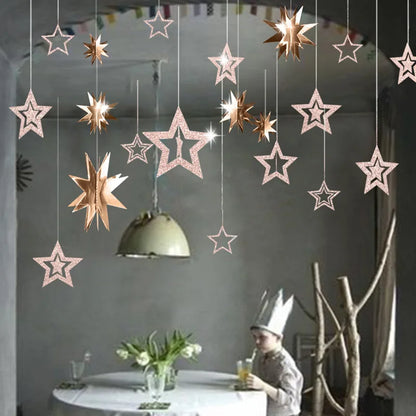 Rynx Rose Gold High Star Paper Garlands Banner Hanging for Wedding Christmas Decorations Kids Birthday Party Supplies Baby Party