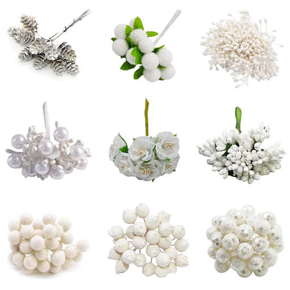 Rynx White Theme Artificial Flower Cherry Stamen Berry Bundle DIY Christmas Decoration Wedding Cake Gift Box Wreaths Xmas Decor