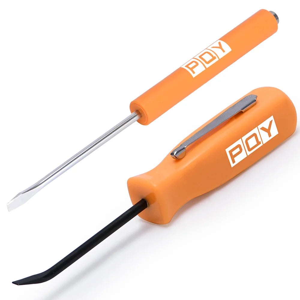 Rynx | Mini Pocket Clips Screwdriver with Strong Magnetic Slotted Tip + Pocket Pry Bar - Short Angled Handy Tool with 4-Sided Grip