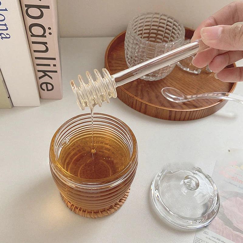 Rynx | Elegant 265ml Glass Honey Jar with Mixing Spoon - Ideal for Serving Honey, Juice, and Jam
