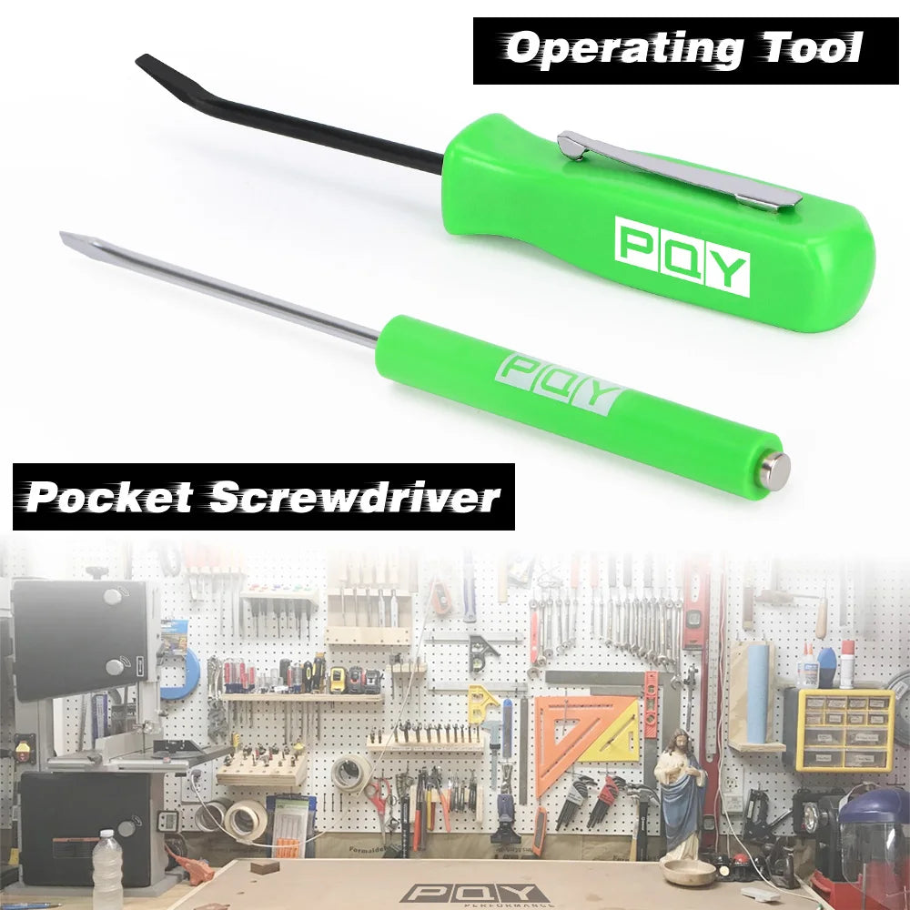 Rynx | Mini Pocket Clips Screwdriver with Strong Magnetic Slotted Tip + Pocket Pry Bar - Short Angled Handy Tool with 4-Sided Grip