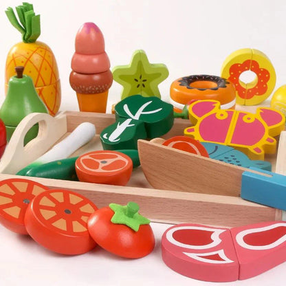 Rynx | Montessori Wooden Kitchen Play Set - Interactive Do-Kergen Toy with Fruit & Vegetable Cutting Set for Children