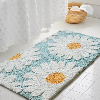 Rynx | Daisy Bathroom Mat Nordic Fluffy Rug Area Rug Bathroom Floor Floral Absorbent Non-Slip Cushioned Bath Mat Foot Mat Home Decor