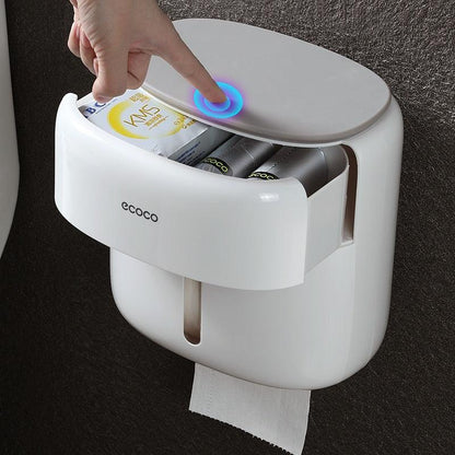 Rynx | Bathroom organizer with phone holder and quick-change toilet paper function