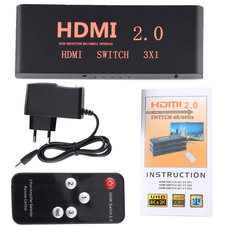 Rynx | 3X1 4K/60Hz HDMI 2.0 Switch with Remote Control, EU Plug