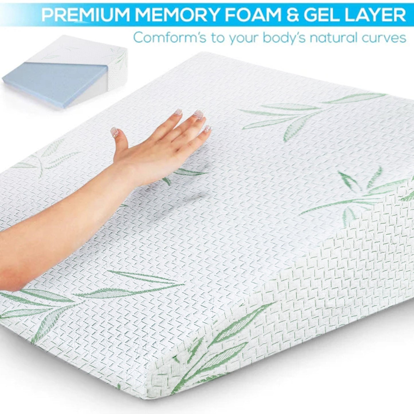 RYNX | 1x Bamboo Pillow Wedge Cushion Cooling Gel Memory Foam Fabric Bed Back Support