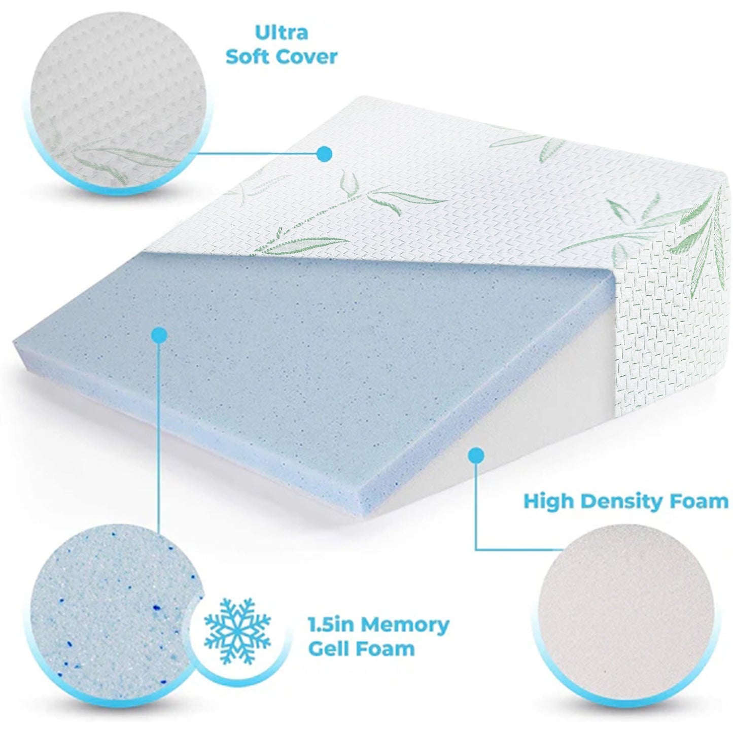 RYNX | 1x Bamboo Pillow Wedge Cushion Cooling Gel Memory Foam Fabric Bed Back Support