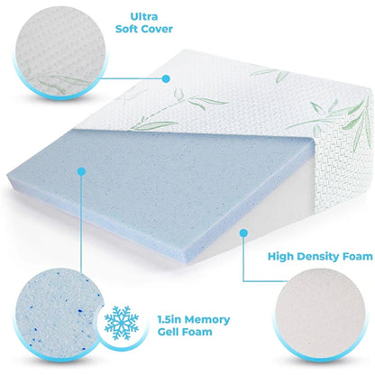 RYNX | 1x Bamboo Pillow Wedge Cushion Cooling Gel Memory Foam Fabric Bed Back Support