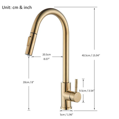 Rynx | Quyanre Brushed Gold Kitchen Faucet - Pull Out Sink Water Tap, Single Handle Mixer Tap with 360 Rotation, Kitchen Shower Faucet