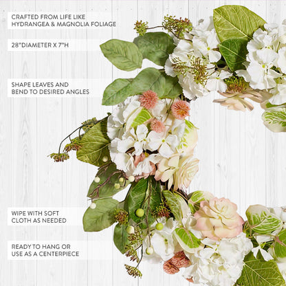 Rynx | 28 Inch Hydrangea and Magnolia Artificial Wreath