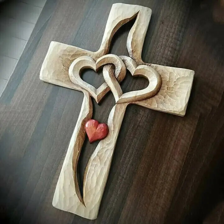 Rynx | Hand-carved wooden cross with intertwined hearts
