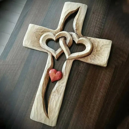 Rynx | Hand-carved wooden cross with intertwined hearts