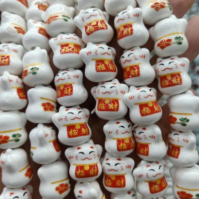 Rynx | Charming Lucky Cat Ceramic Beads Set - 20 Playful Pieces for DIY Jewelry Creations (15 mm x 17 mm)