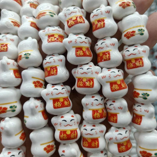 Rynx | Charming Lucky Cat Ceramic Beads Set - 20 Playful Pieces for DIY Jewelry Creations (15 mm x 17 mm)