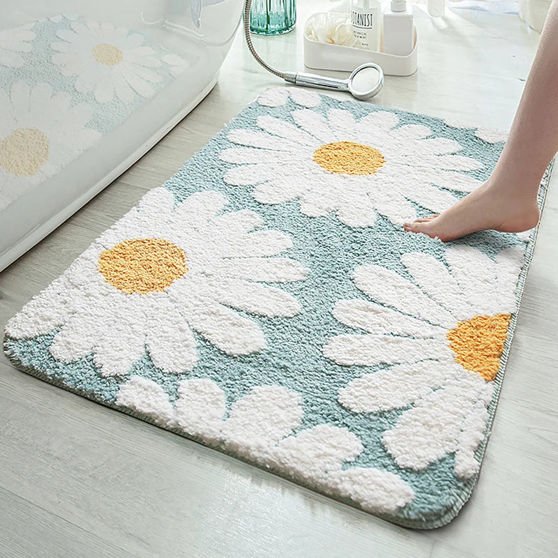 Rynx | Daisy Bathroom Mat Nordic Fluffy Rug Area Rug Bathroom Floor Floral Absorbent Non-Slip Cushioned Bath Mat Foot Mat Home Decor