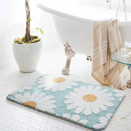 Rynx | Daisy Bathroom Mat Nordic Fluffy Rug Area Rug Bathroom Floor Floral Absorbent Non-Slip Cushioned Bath Mat Foot Mat Home Decor