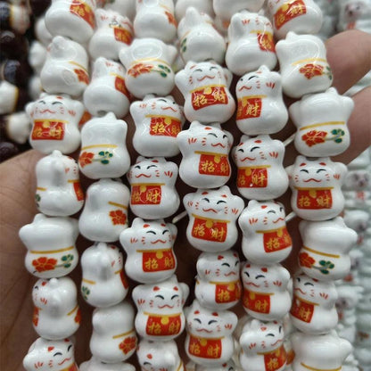 Rynx | Charming Lucky Cat Ceramic Beads Set - 20 Playful Pieces for DIY Jewelry Creations (15 mm x 17 mm)
