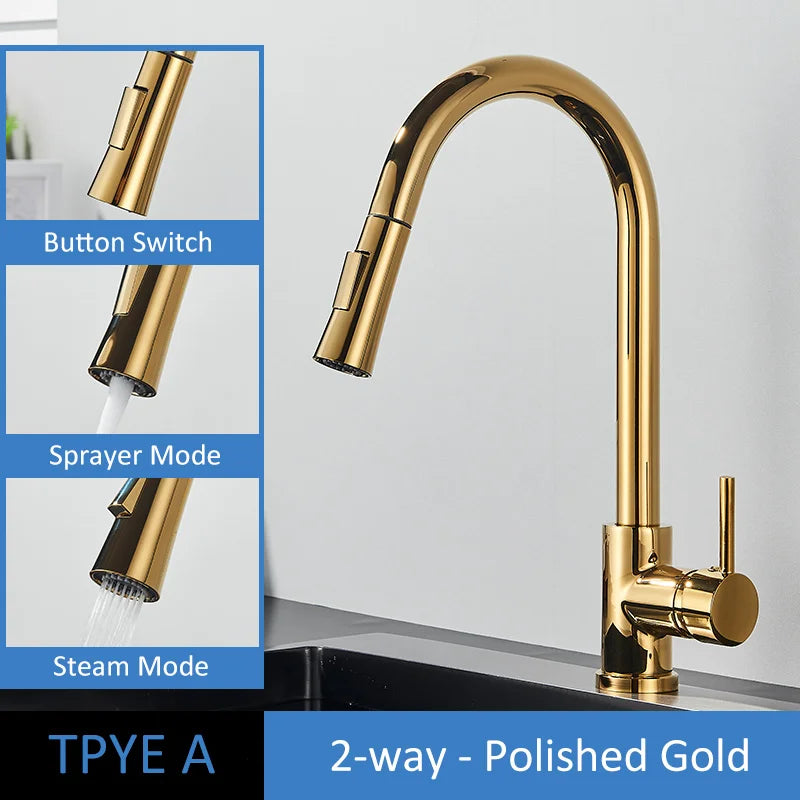 Rynx | Quyanre Brushed Gold Kitchen Faucet - Pull Out Sink Water Tap, Single Handle Mixer Tap with 360 Rotation, Kitchen Shower Faucet