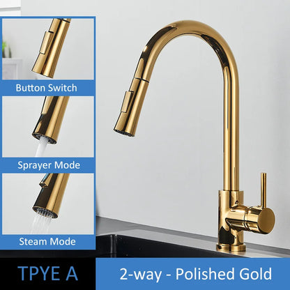 Rynx | Quyanre Brushed Gold Kitchen Faucet - Pull Out Sink Water Tap, Single Handle Mixer Tap with 360 Rotation, Kitchen Shower Faucet