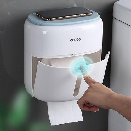 Rynx | Bathroom organizer with phone holder and quick-change toilet paper function