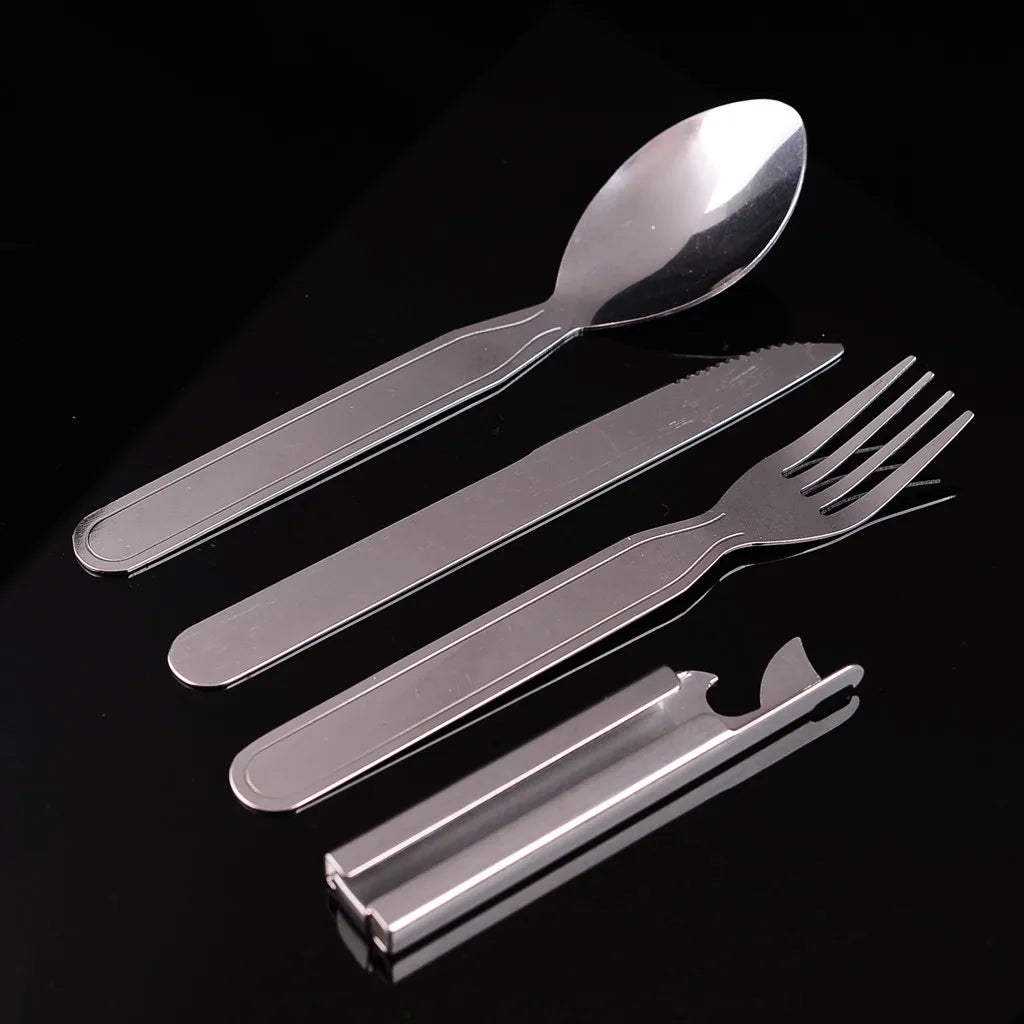 Rynx | 4 Piece Portable Stainless Steel Tableware Set - Foldable Knife, Spoon, Fork, and Utensil for Camping and Cooking