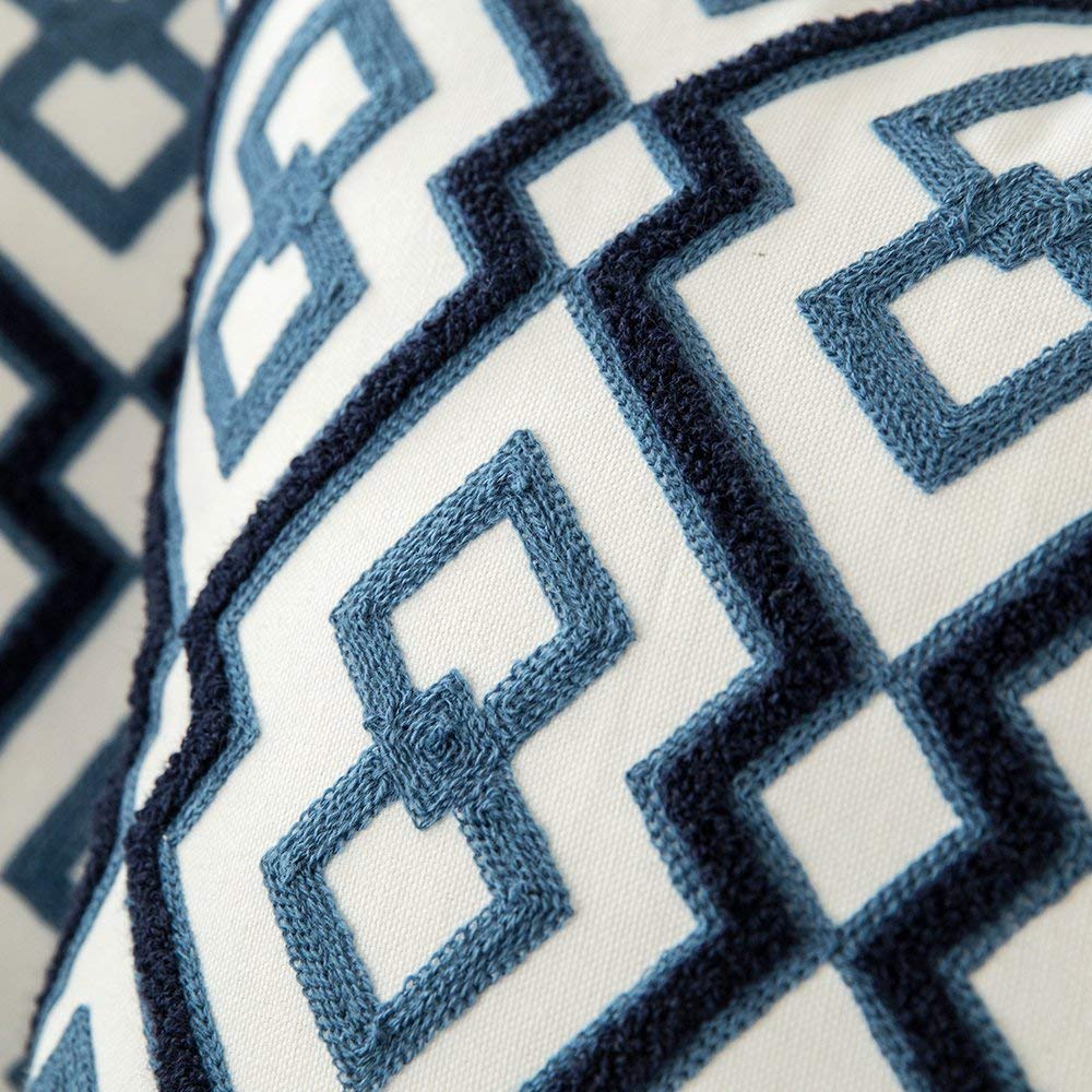 Rynx | Embroidered Cushion Cover Navy Blue/White Geometric Floral Canvas Cotton Square Embroidery Cushion Cover 45x45cm