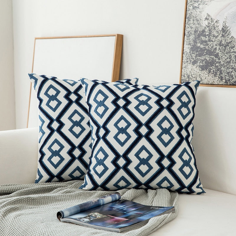 Rynx | Embroidered Cushion Cover Navy Blue/White Geometric Floral Canvas Cotton Square Embroidery Cushion Cover 45x45cm