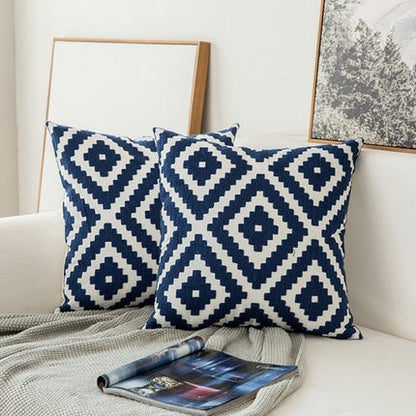 Rynx | Embroidered Cushion Cover Navy Blue/White Geometric Floral Canvas Cotton Square Embroidery Cushion Cover 45x45cm