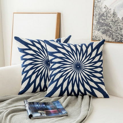 Rynx | Embroidered Cushion Cover Navy Blue/White Geometric Floral Canvas Cotton Square Embroidery Cushion Cover 45x45cm