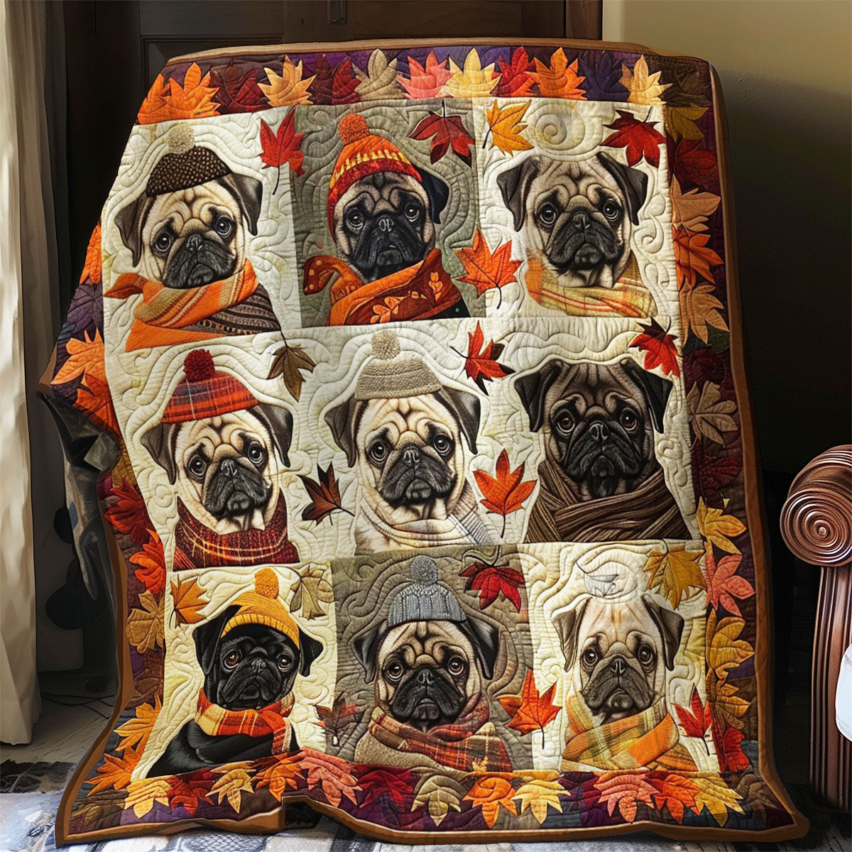 Rynx | Pug Dogs and Autumn Leaves Quilt