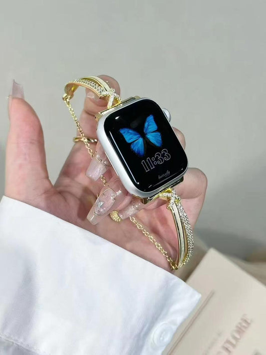 Rynx | Elegant Rhinestone Apple Watch Band – X-Crystal Design in Silver Metal