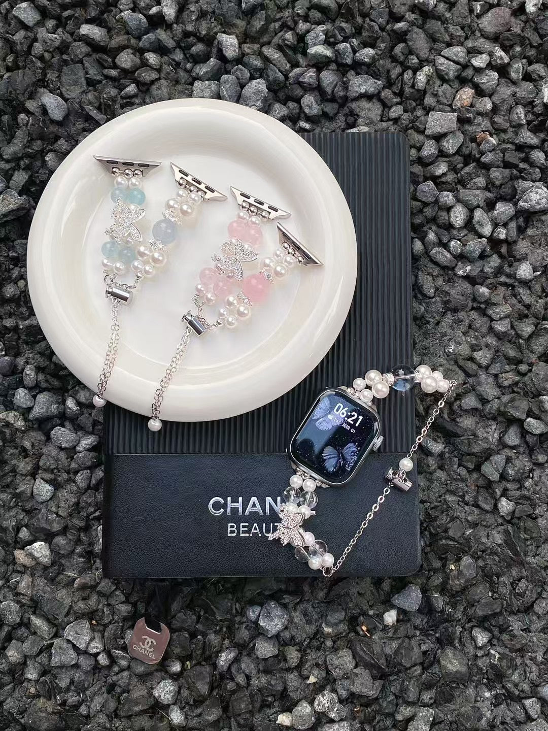 Rynx | Elegant Pearl Butterfly iWatch Band – Rose Quartz Pearl iWatch Strap with Adjustable Chain & Crystal Pendant