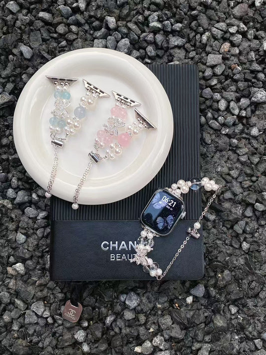 Rynx | Elegant Pearl Butterfly iWatch Band – Rose Quartz Pearl iWatch Strap with Adjustable Chain & Crystal Pendant