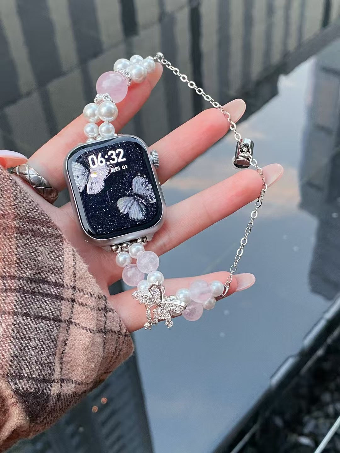 Rynx | Elegant Pearl Butterfly iWatch Band – Rose Quartz Pearl iWatch Strap with Adjustable Chain & Crystal Pendant